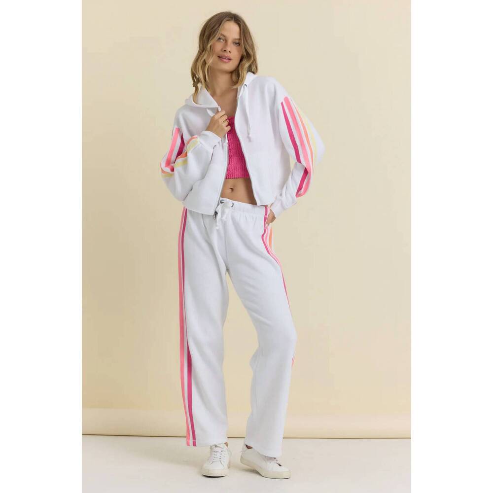 NEW VINTAGE HAVANA twill tape fleece zip up pants in white/neon stripe